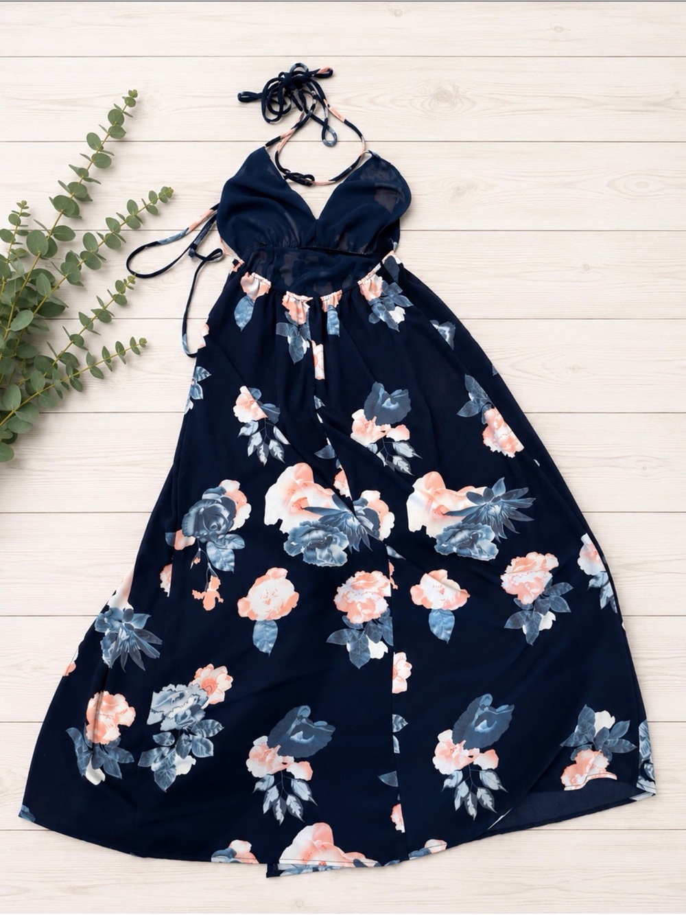 Navy Floral Halter Maxi Dress - Blue & Peach Blooms - Picture 3 of 3